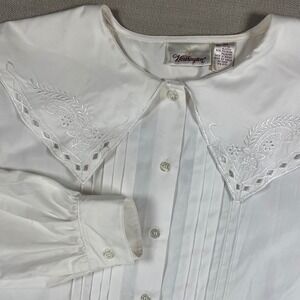 Vintage Worthington White Embroidered Eyelet Statement Collar Pintuck Blouse 16M